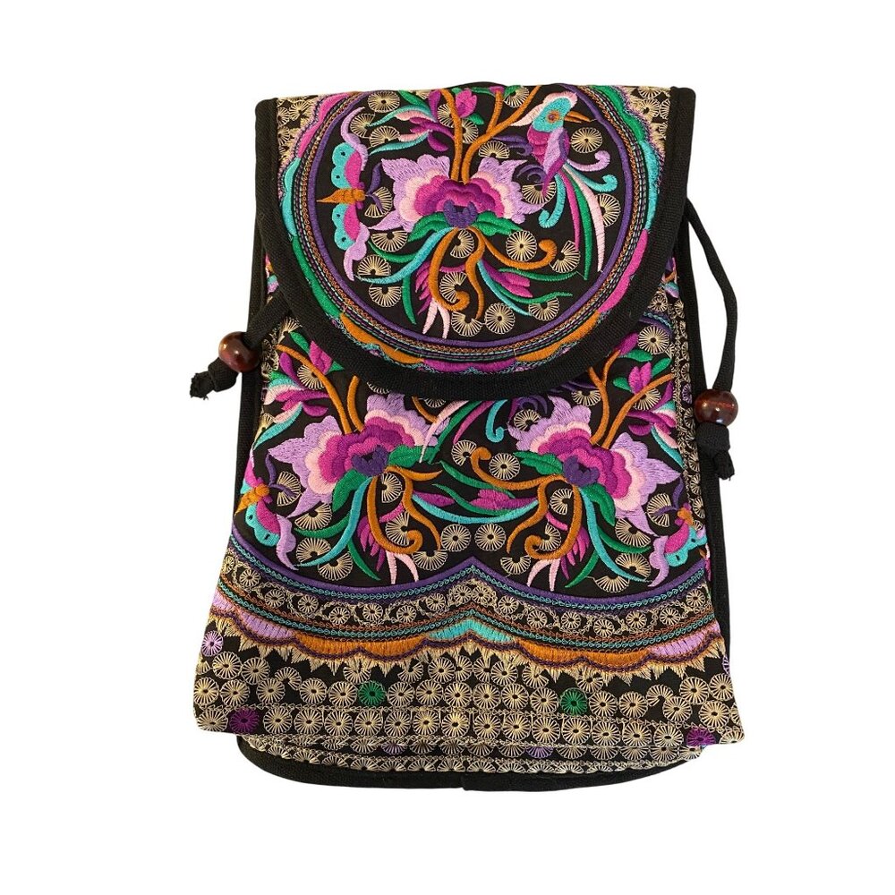 Purple Floral Embroidered Bohemian Backpack Purse Small